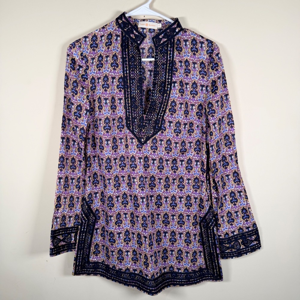 Tory Burch Damask Crochet Trim Tunic Top Sz 4 Boho Resort Wear preppy designer - Picture 2 of 14